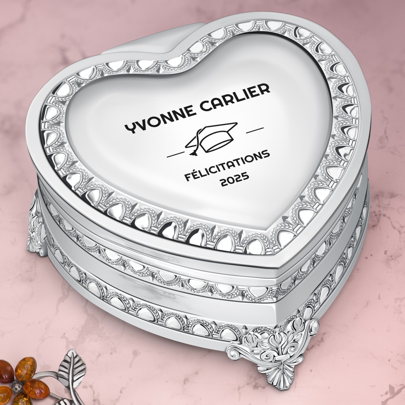 Caja de joyas en forma de corazón de acero plateado Murrano con grabado para graduada
