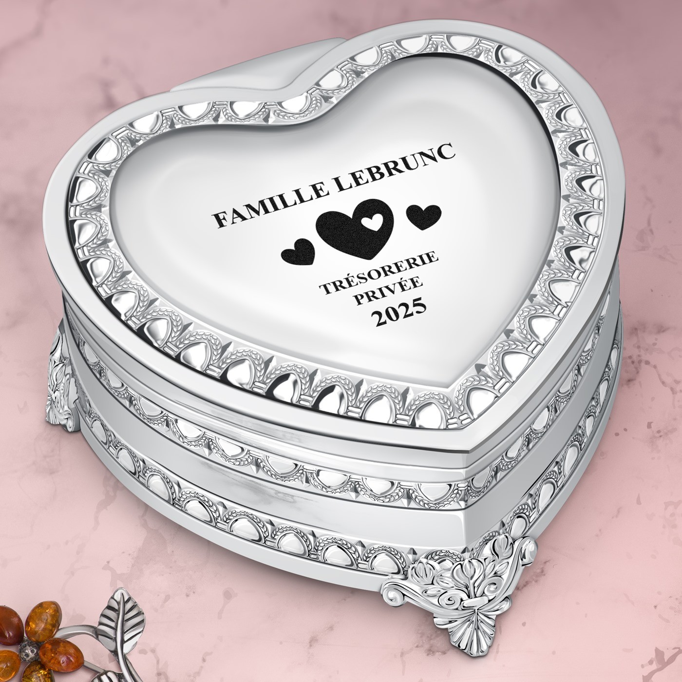 Caja de joyas en forma de corazón de acero plateado Murrano con grabado láser para pareja boda