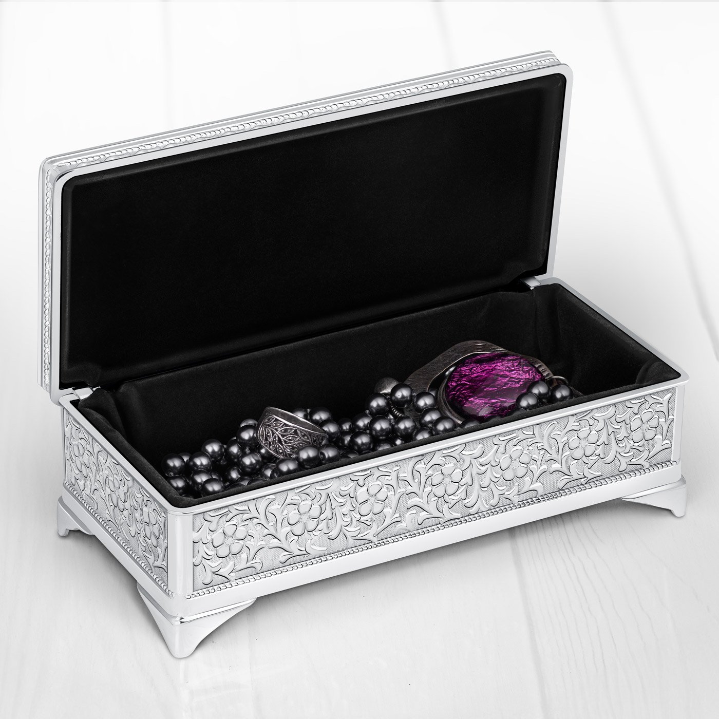 Caja de joyas rectangular Murrano - Acero plateado con grabado para mujer