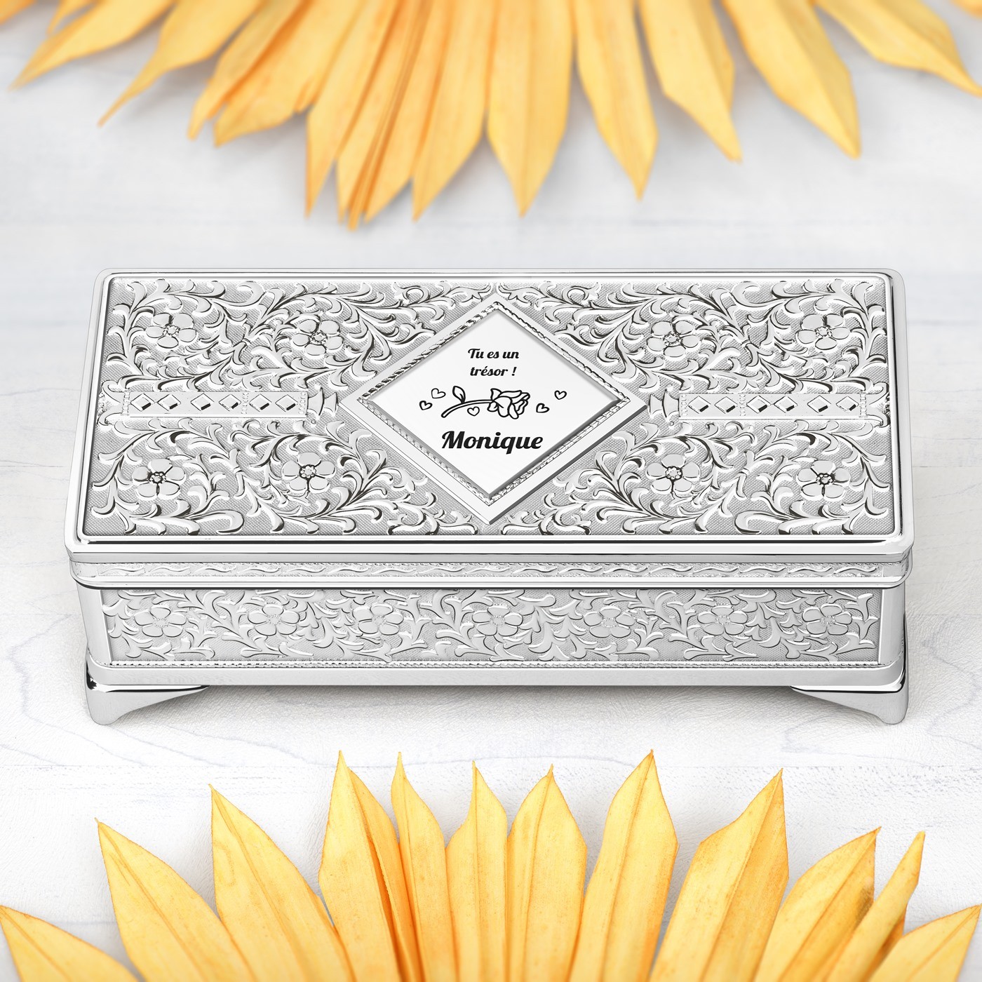Caja de joyas rectangular Murrano en acero plateado