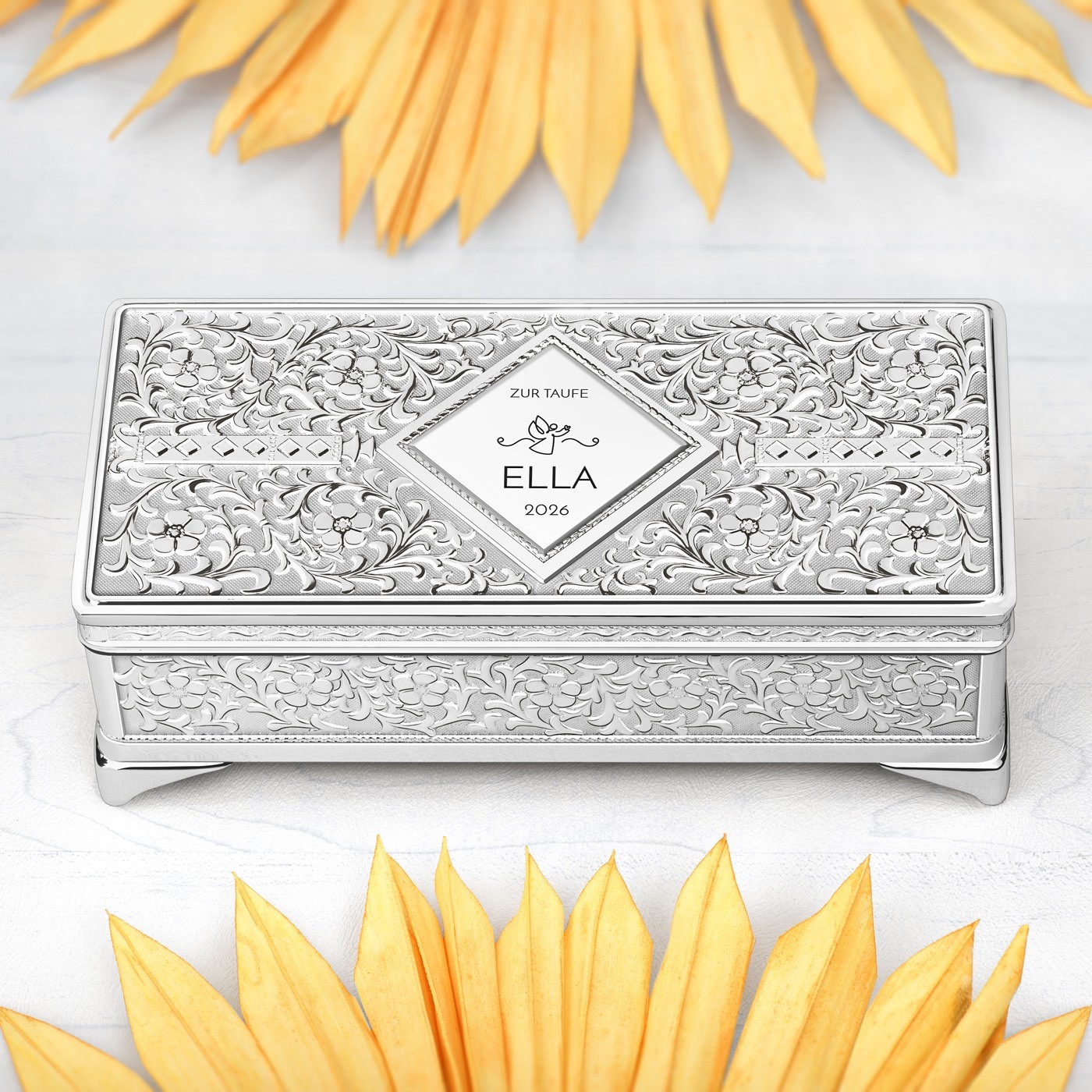 Caja de joyas rectangular Murrano con grabado láser para el bautismo de una ahijada