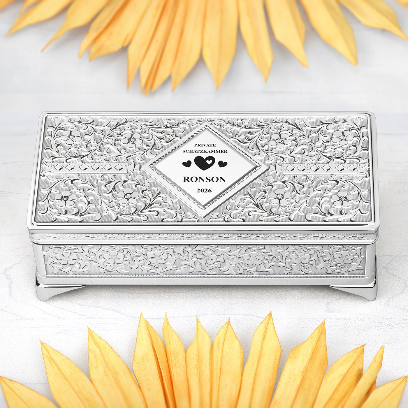 Caja de joyas rectangular Murrano - Acero plateado con grabación láser para una pareja por el aniversario de boda