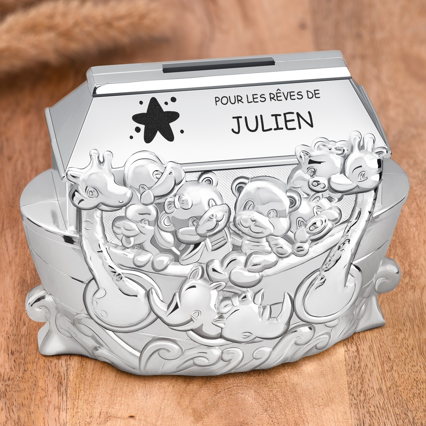 Caja de dinero de acero Murrano en forma de barco con grabado láser para el cumpleaños de un hijo