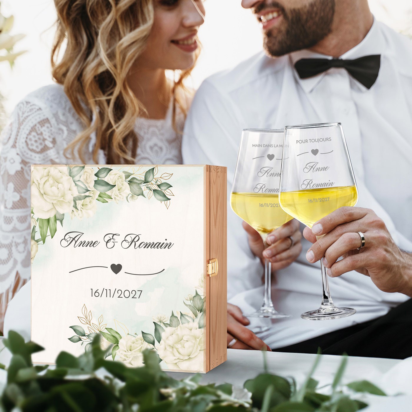 Conjunto de vasos de vino personalizados de Murrano para jóvenes parejas