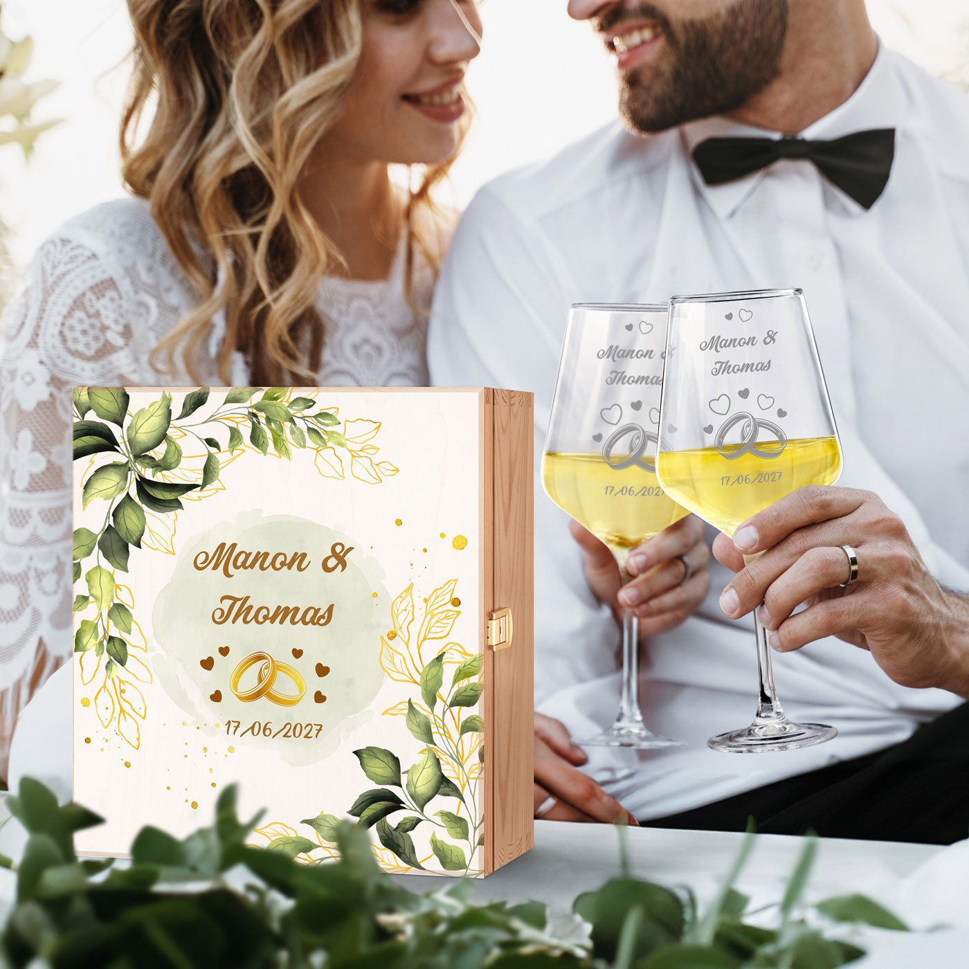Set de copas de vino grabadas personalizadas Murrano para jóvenes parejas