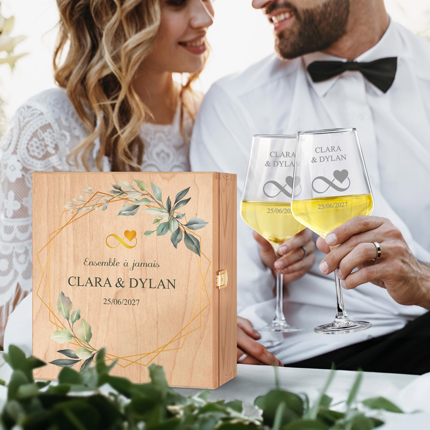 Set de copas de vino grabadas personalizadas Murrano para parejas