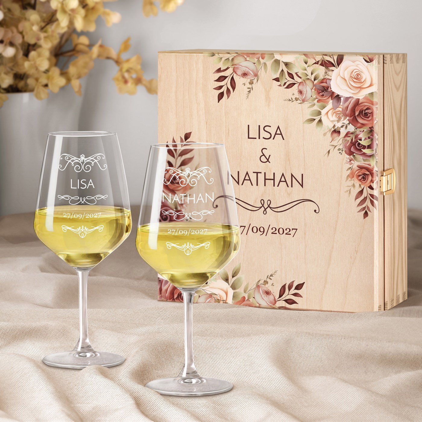 Set de copas de vino grabadas Murrano con caja personalizada para novios