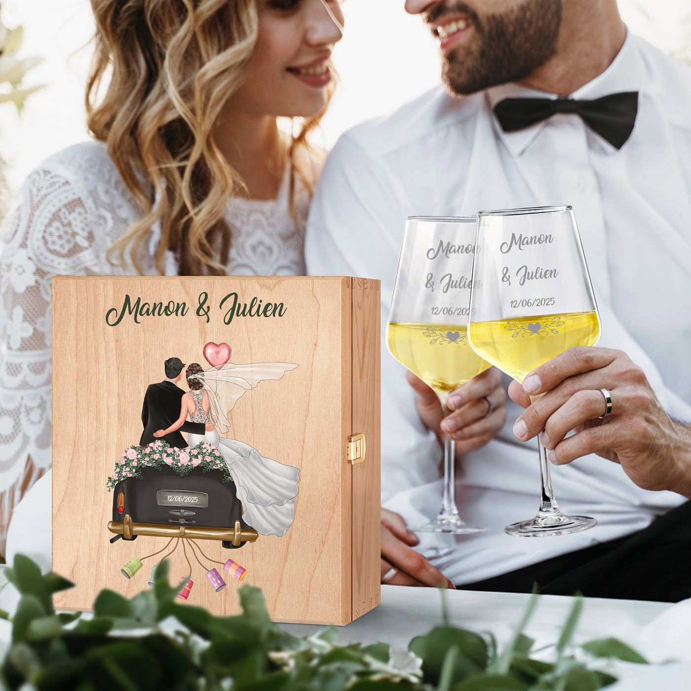 Set de copas de vino grabadas personalizadas Murrano para recién casados