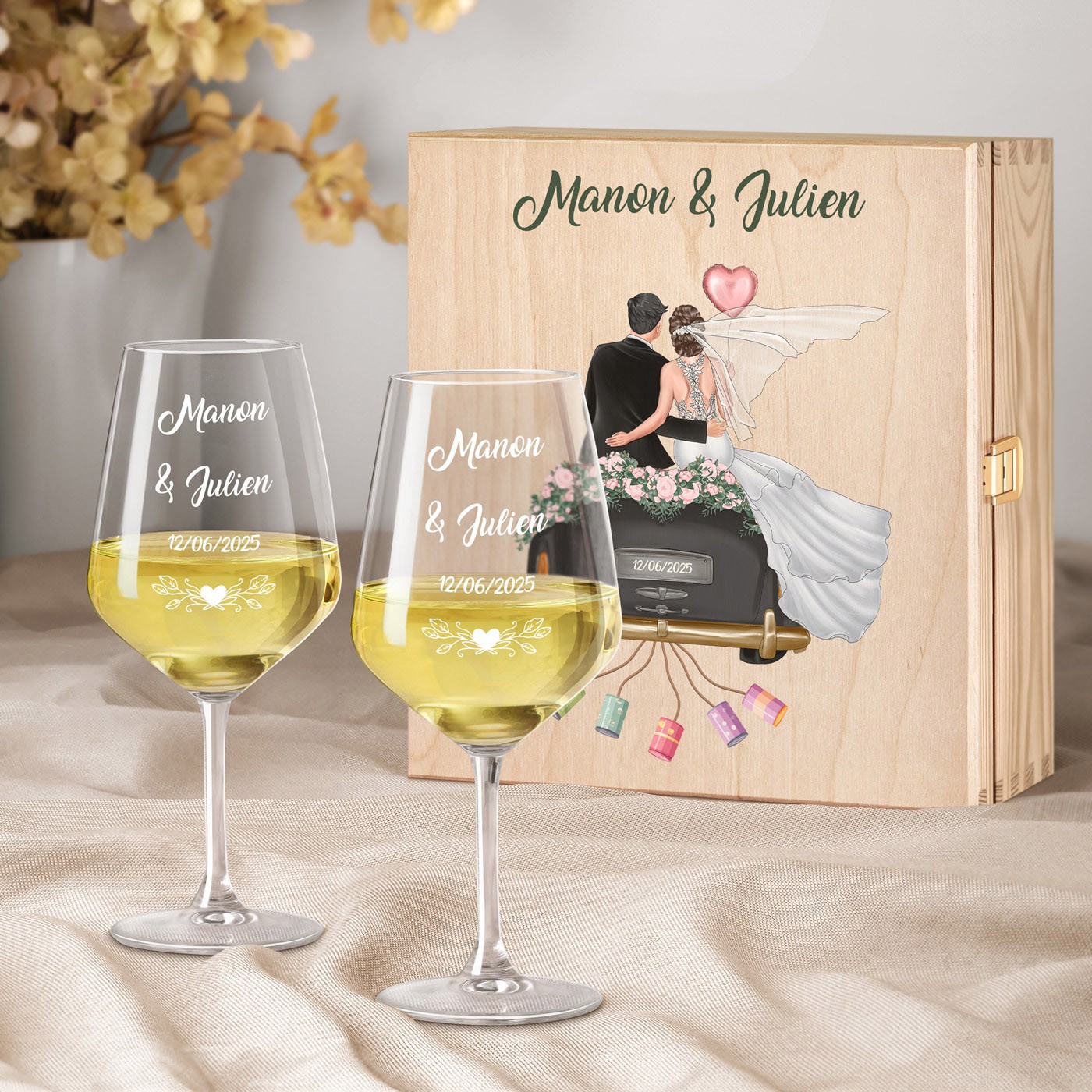 Set de copas de vino grabadas personalizadas Murrano para recién casados