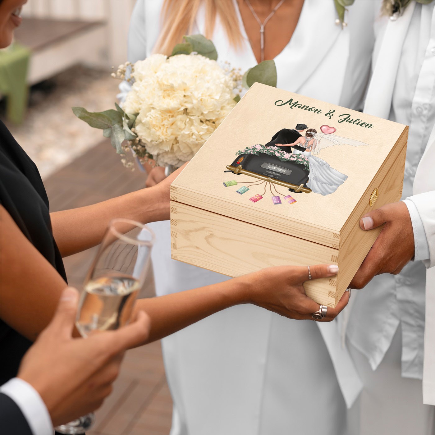 Set de copas de vino grabadas personalizadas Murrano para recién casados