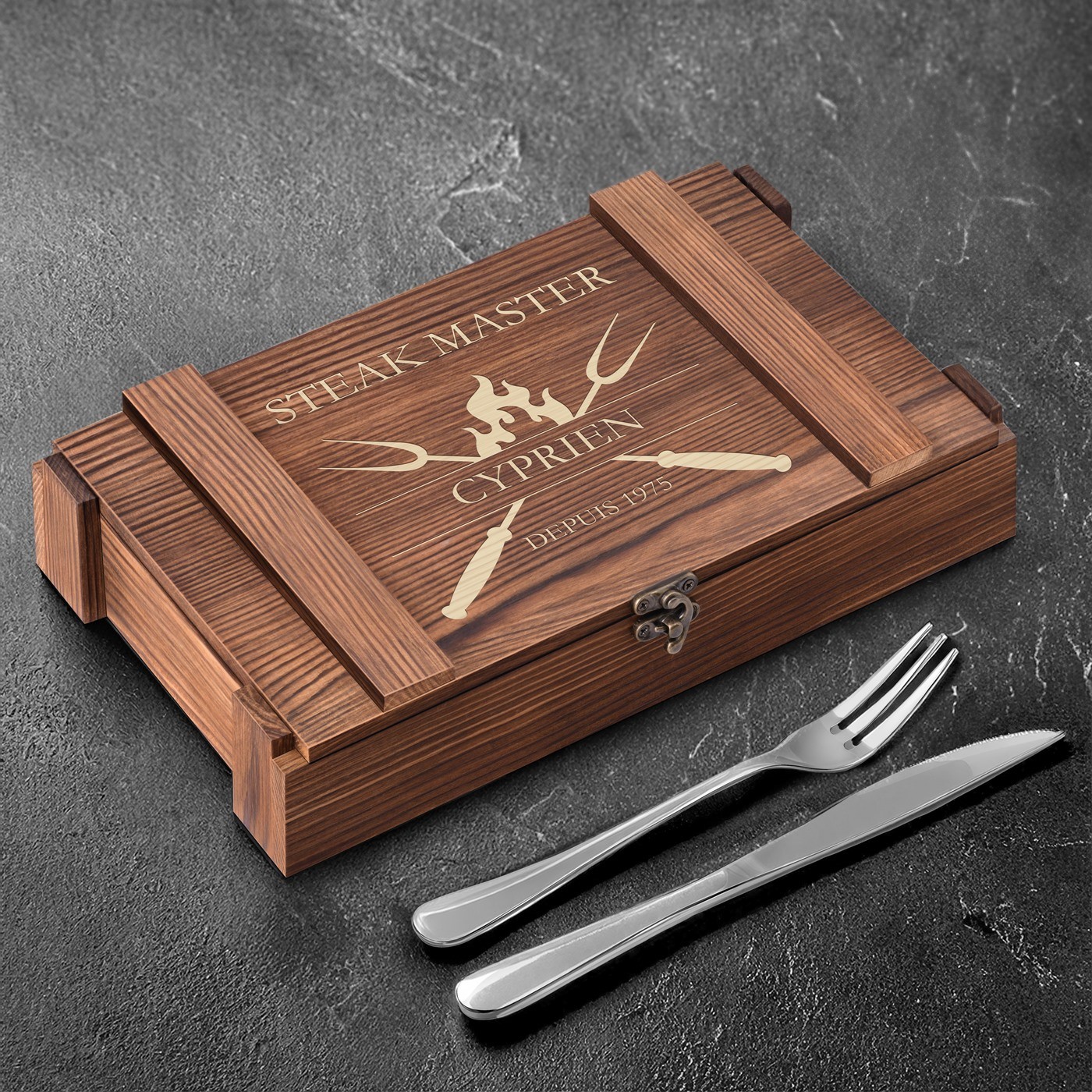 Set de cortadores de carne Murrano para 6 personas con caja de madera grabada