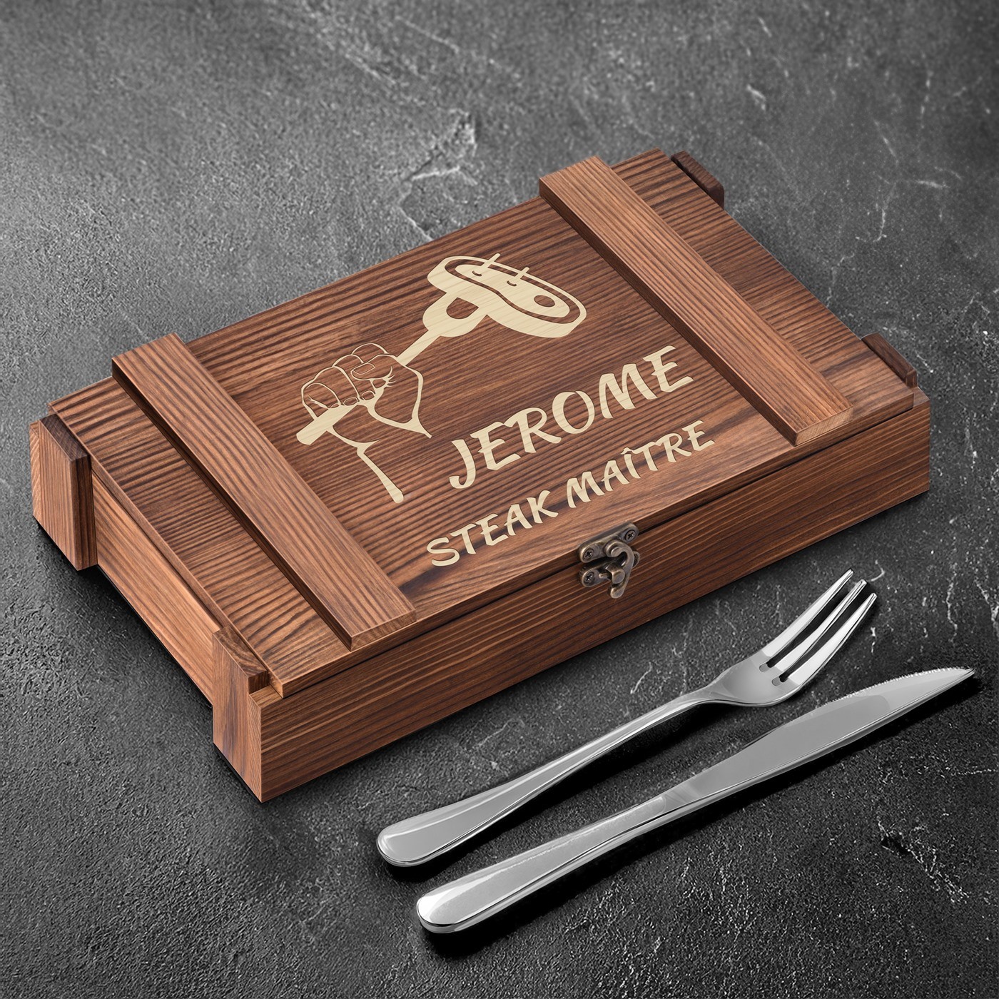 Set de cubiertos para steak Murrano para 6 personas con estuche de madera grabado