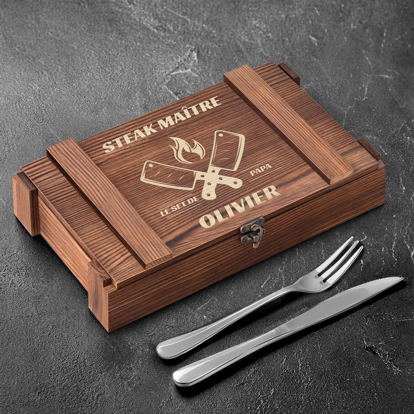 Set de cubiertos para asado Murrano para 6 personas en una caja de madera grabada - Regalo para el Día del Padre