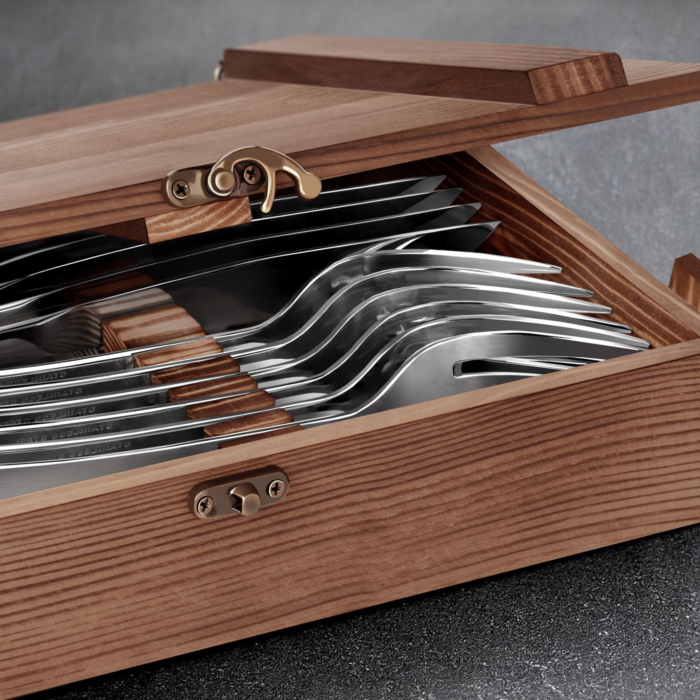 Estuche de cubiertos para filetes de Murrano para 6 personas con caja de madera grabada