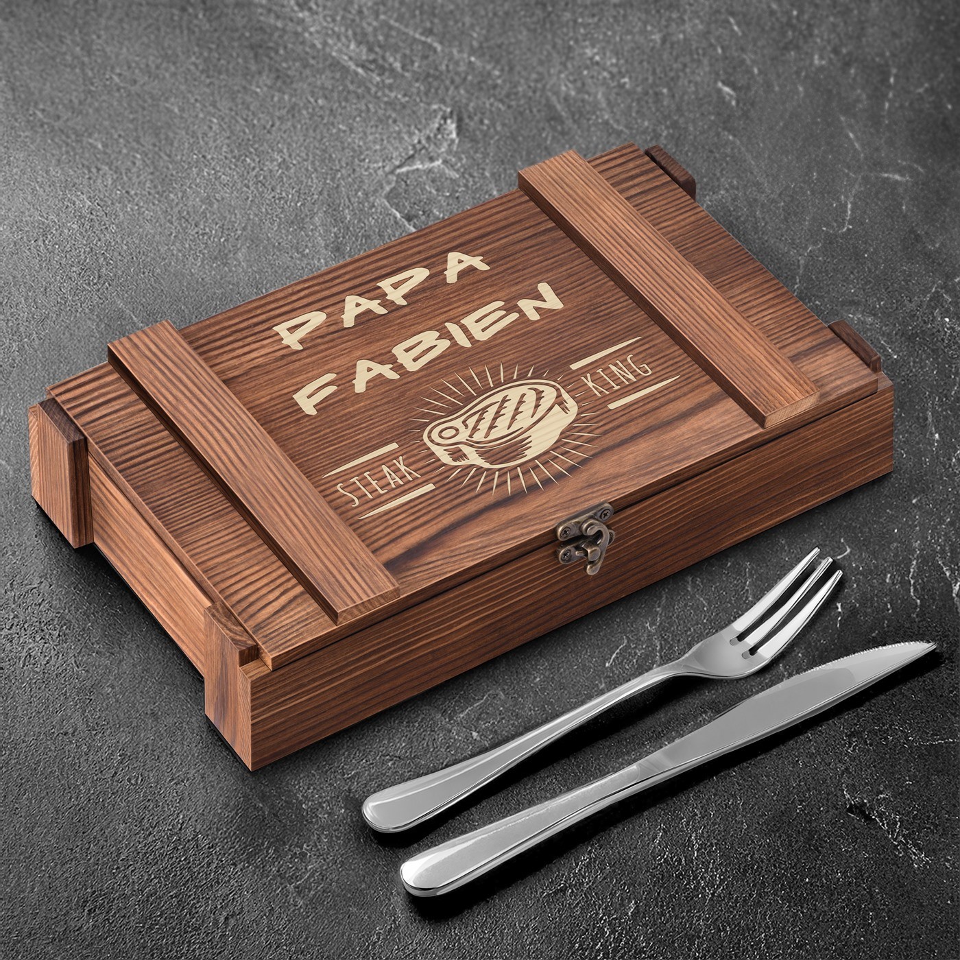 Estuche de cubiertos para filetes de Murrano para 6 personas con caja de madera grabada