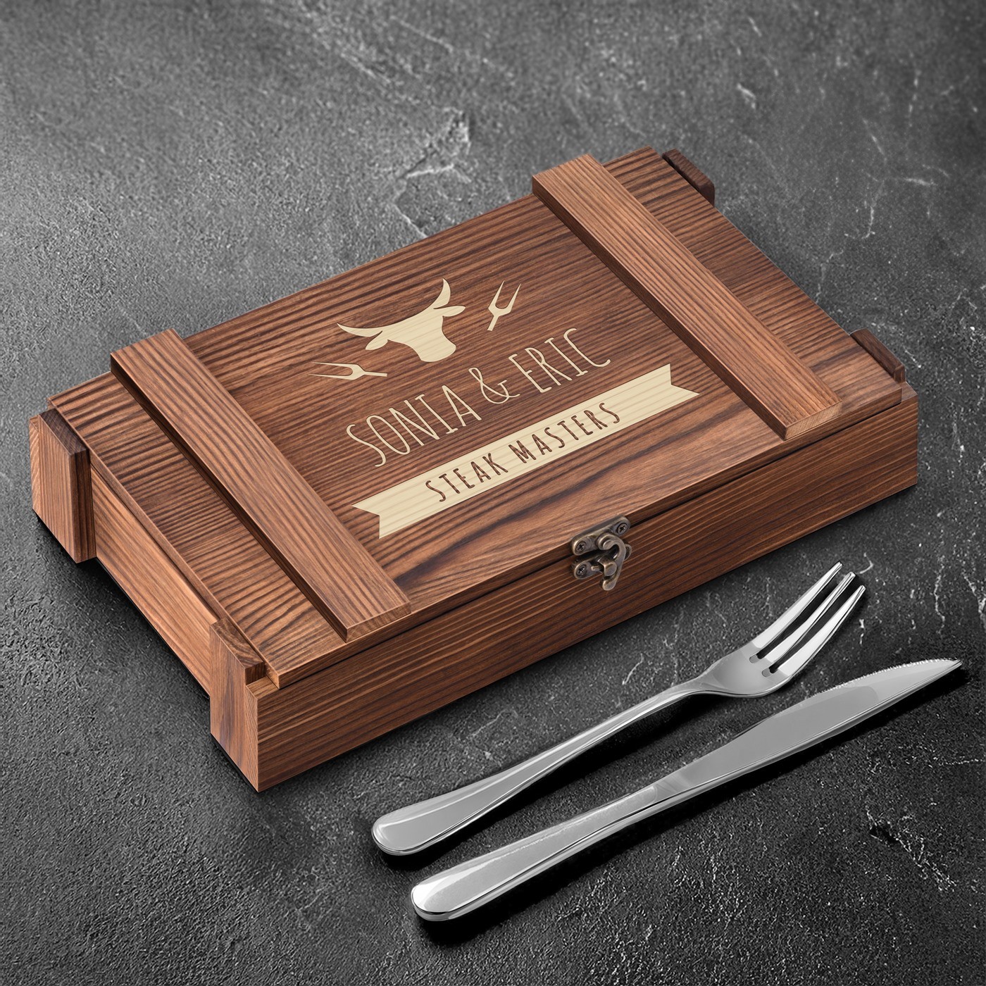 Set de cuchillos de bistec Murrano para 6 personas con caja de madera grabada - Regalo personalizado