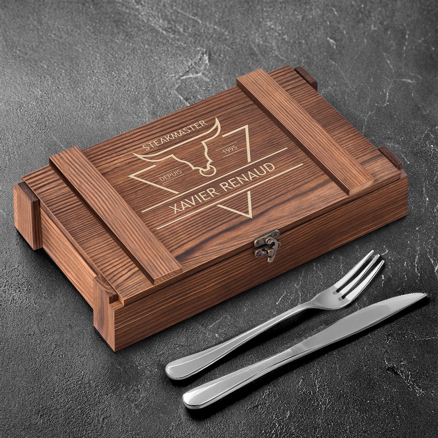 Set de cubertería para asar Murrano para 6 personas en una caja de madera grabada - Regalo de cumpleaños para hombres