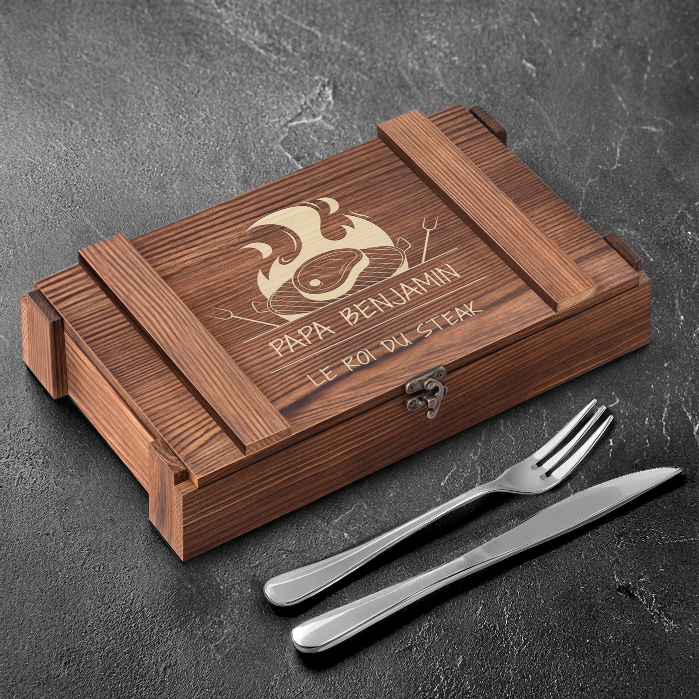 Set de cuchillos para carne Murrano para 6 personas en una caja de madera grabada - ¡El regalo perfecto para el Día del Padre!
