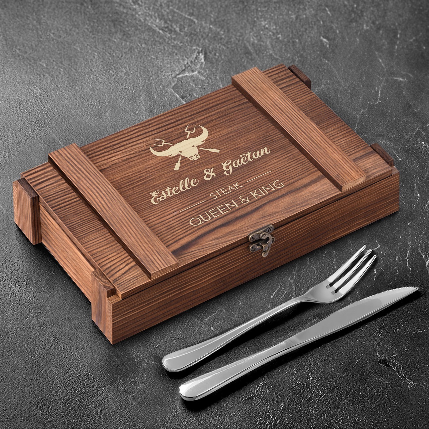 Set de cubiertos para steak Murrano para 6 personas en una caja de madera tallada personalizada