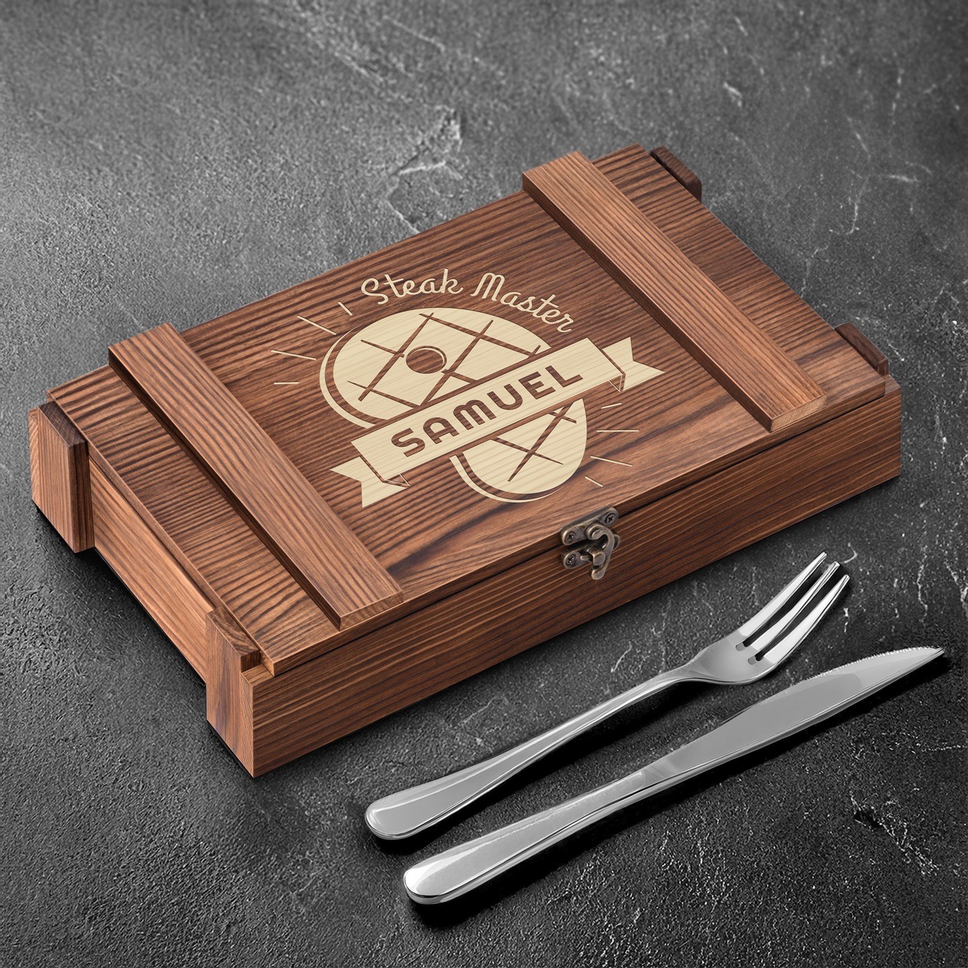 Set de cubiertos para bistec Murrano para 6 personas en una caja de madera grabada (regalo para hombres)