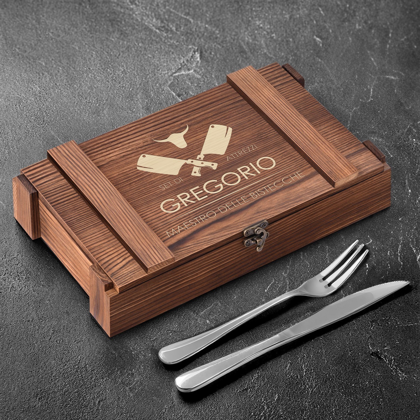 Set de cubiertos para asado Murrano para 6 personas con estuche de madera grabado