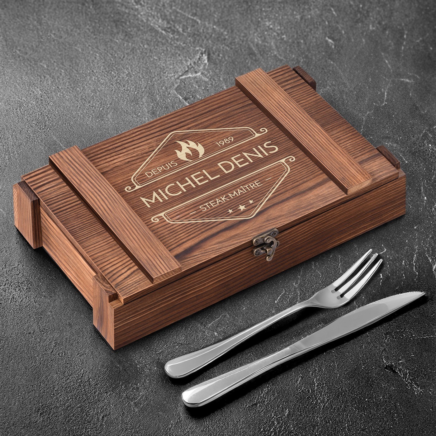 Set de cuchillos para bistec Murrano para 6 personas, caja de madera grabada