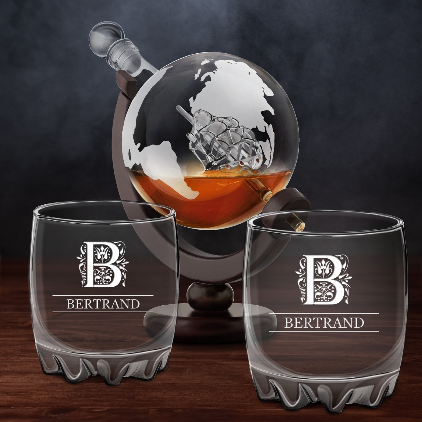 Decantador de whisky globo Murrano con vasos grabados para abuelo