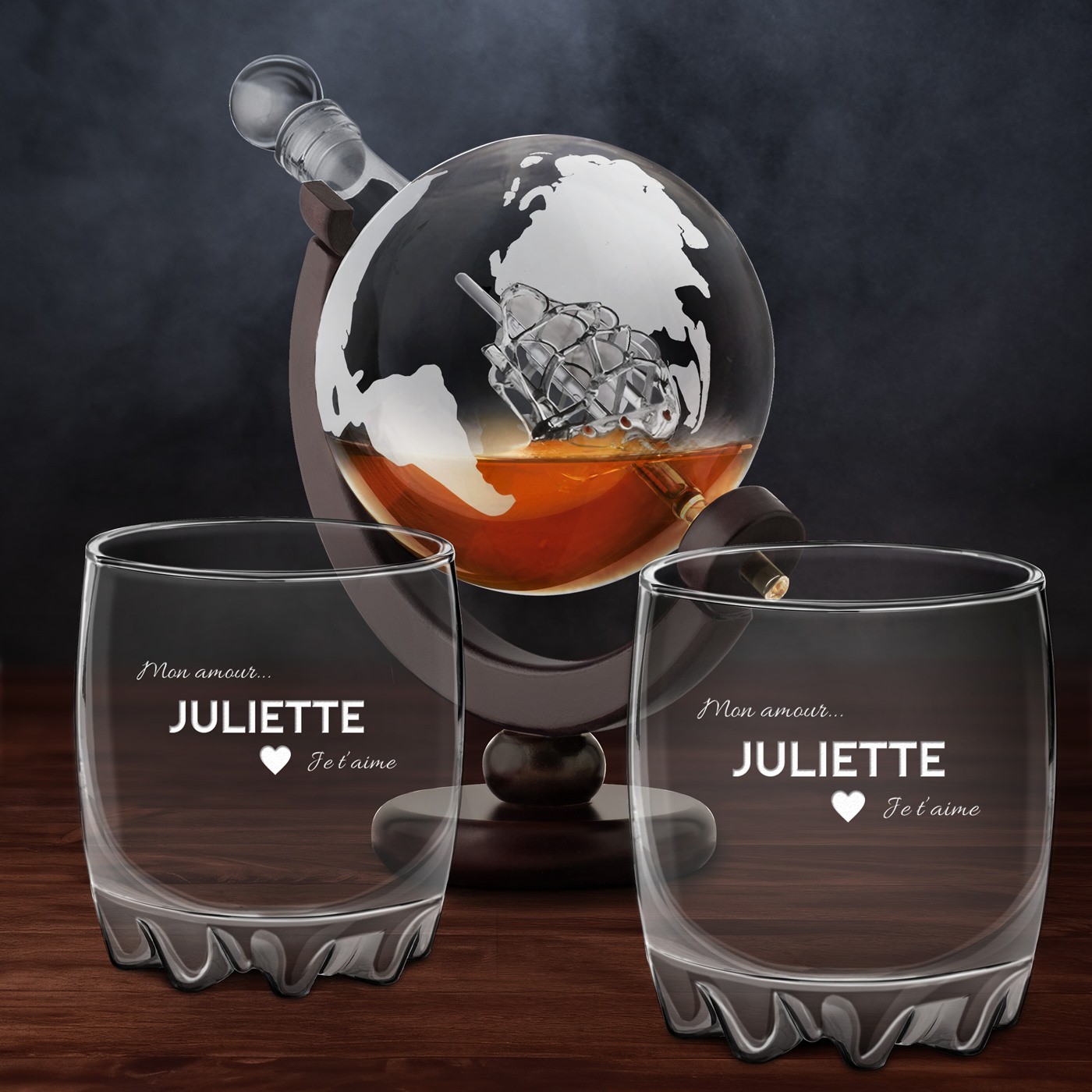 Murrano Globe Whisky Carafe with Engraved Glasses for the Love-Struck Fiancé