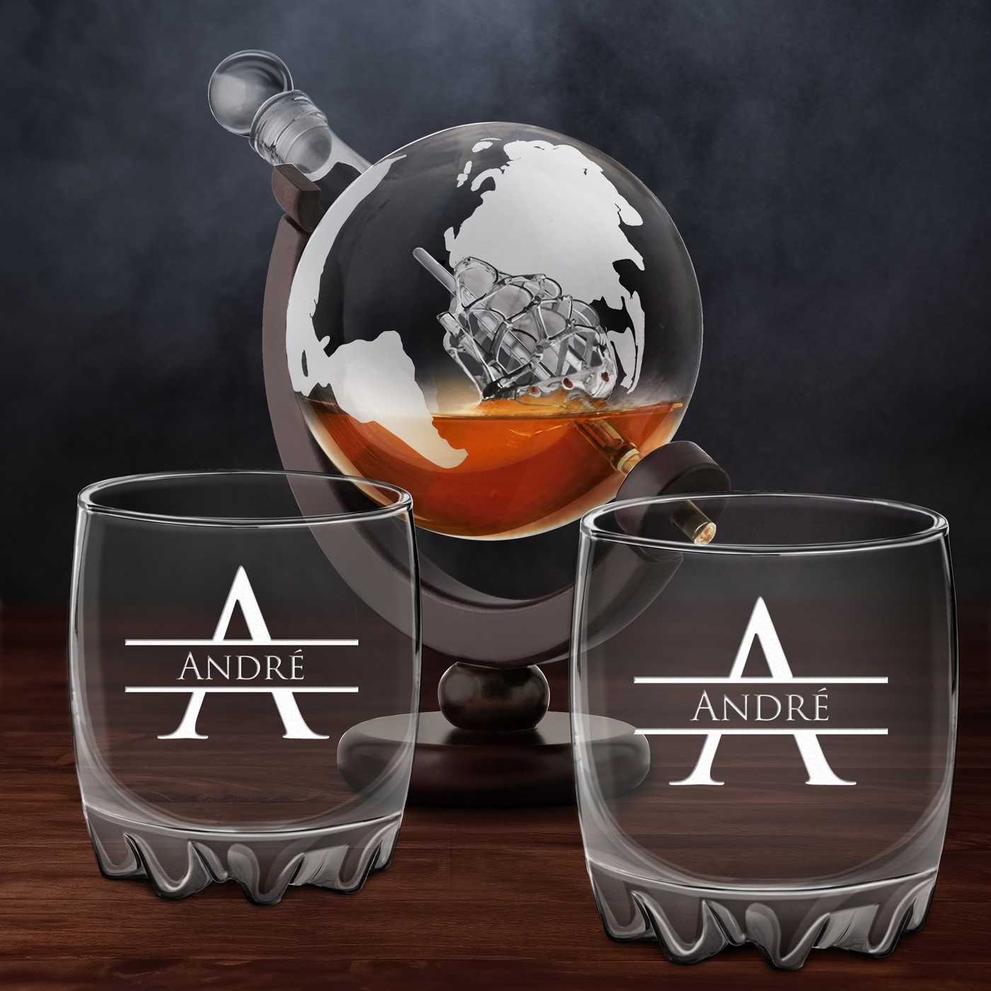 Jarra de whisky en forma de globo Murrano con 2 vasos grabados para él