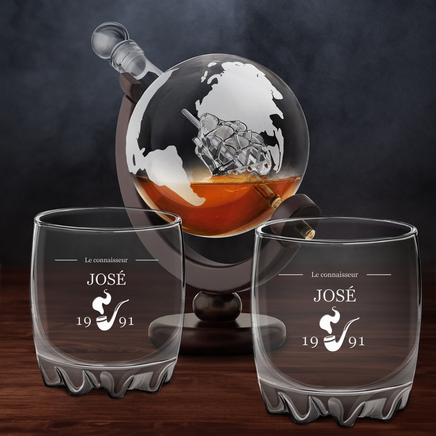 Carafa de whisky en forma de globo Murrano con 2 vasos grabados para conocedores