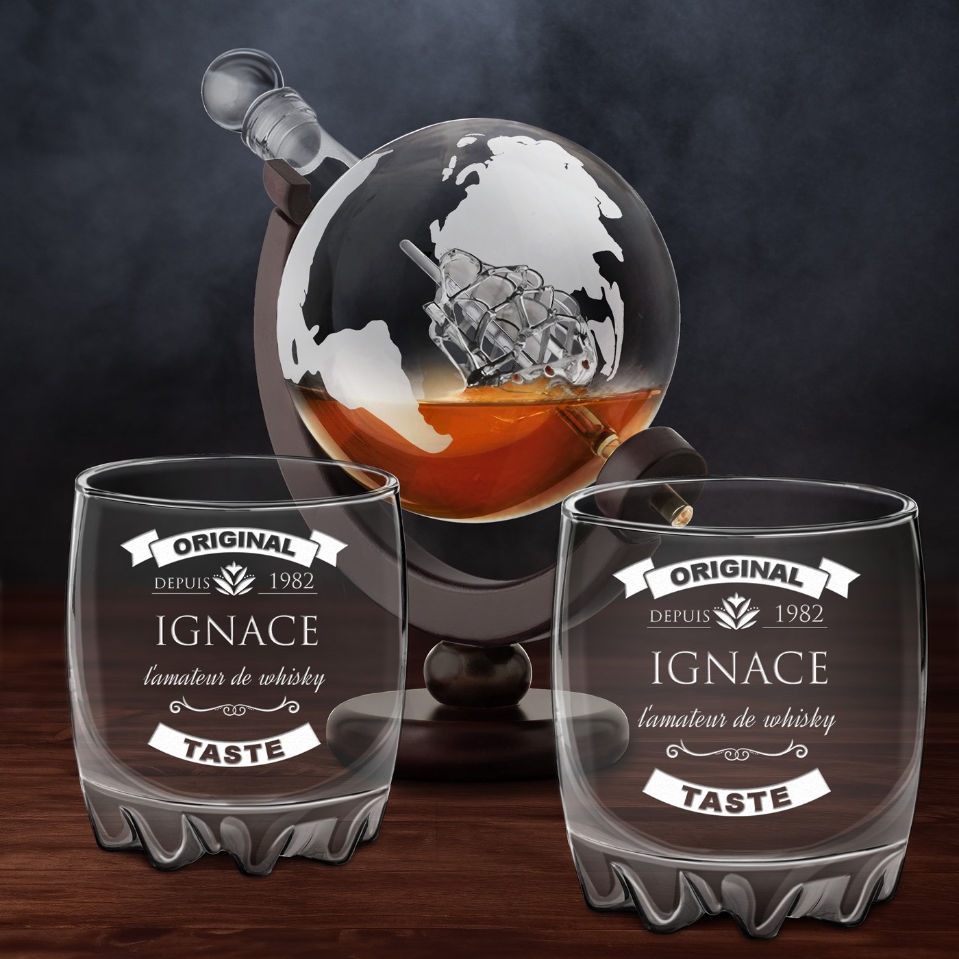 Decantador de whisky en forma de globo Murrano con 2 vasos grabados para él - regalo de aniversario