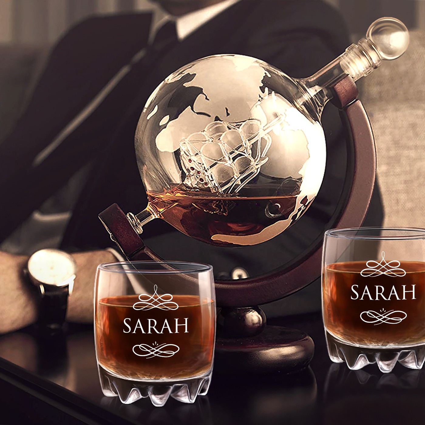 Carafa de whisky globo Murrano con vasos grabados para él