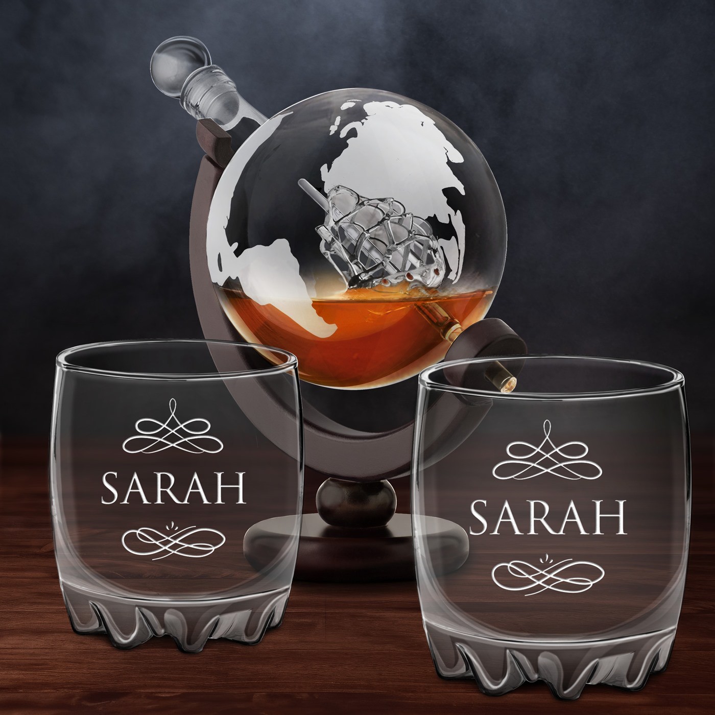 Carafa de whisky globo Murrano con vasos grabados para él