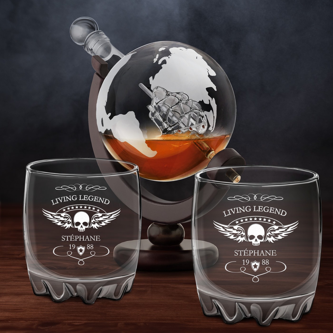 Jugo de whisky globo Murrano con 2 vasos grabados para hombre motociclista