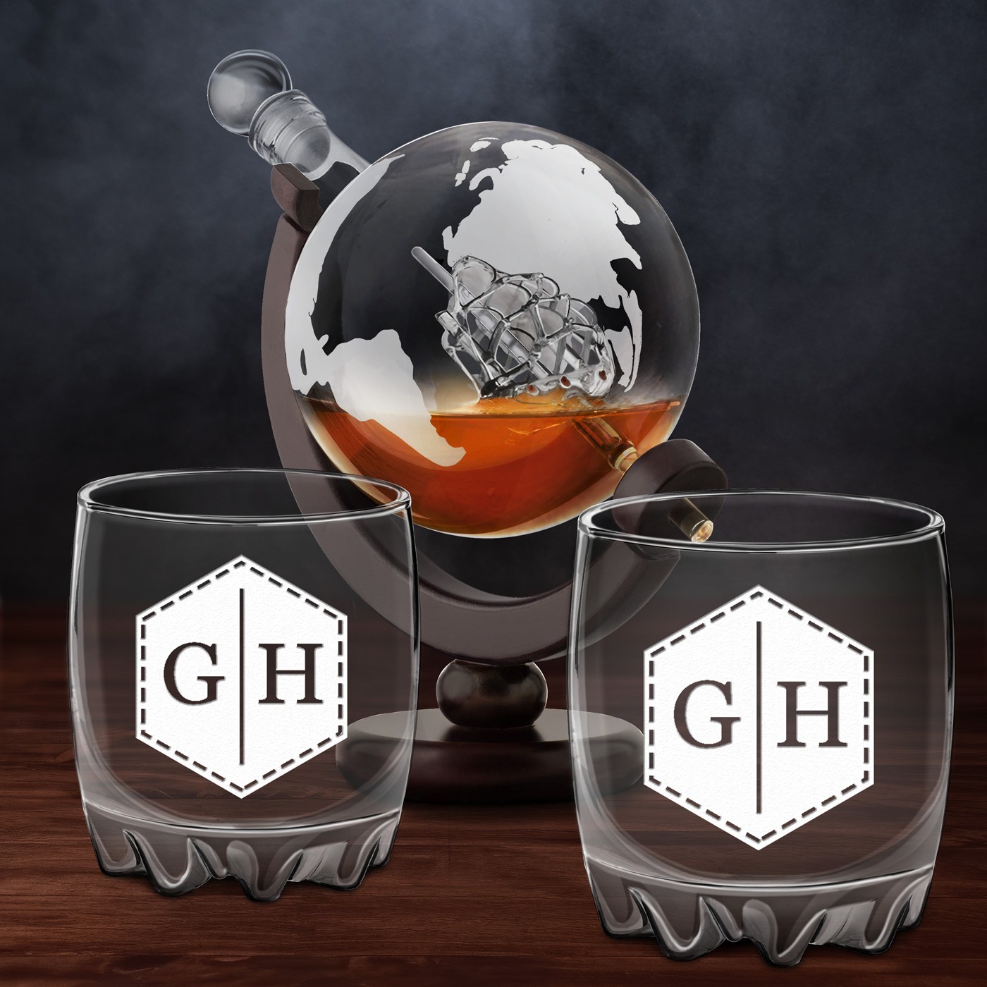 Decantador de whisky en forma de globo Murrano con 2 vasos grabados