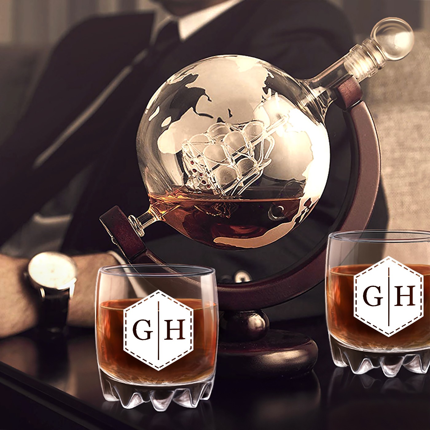 Decantador de whisky en forma de globo Murrano con 2 vasos grabados