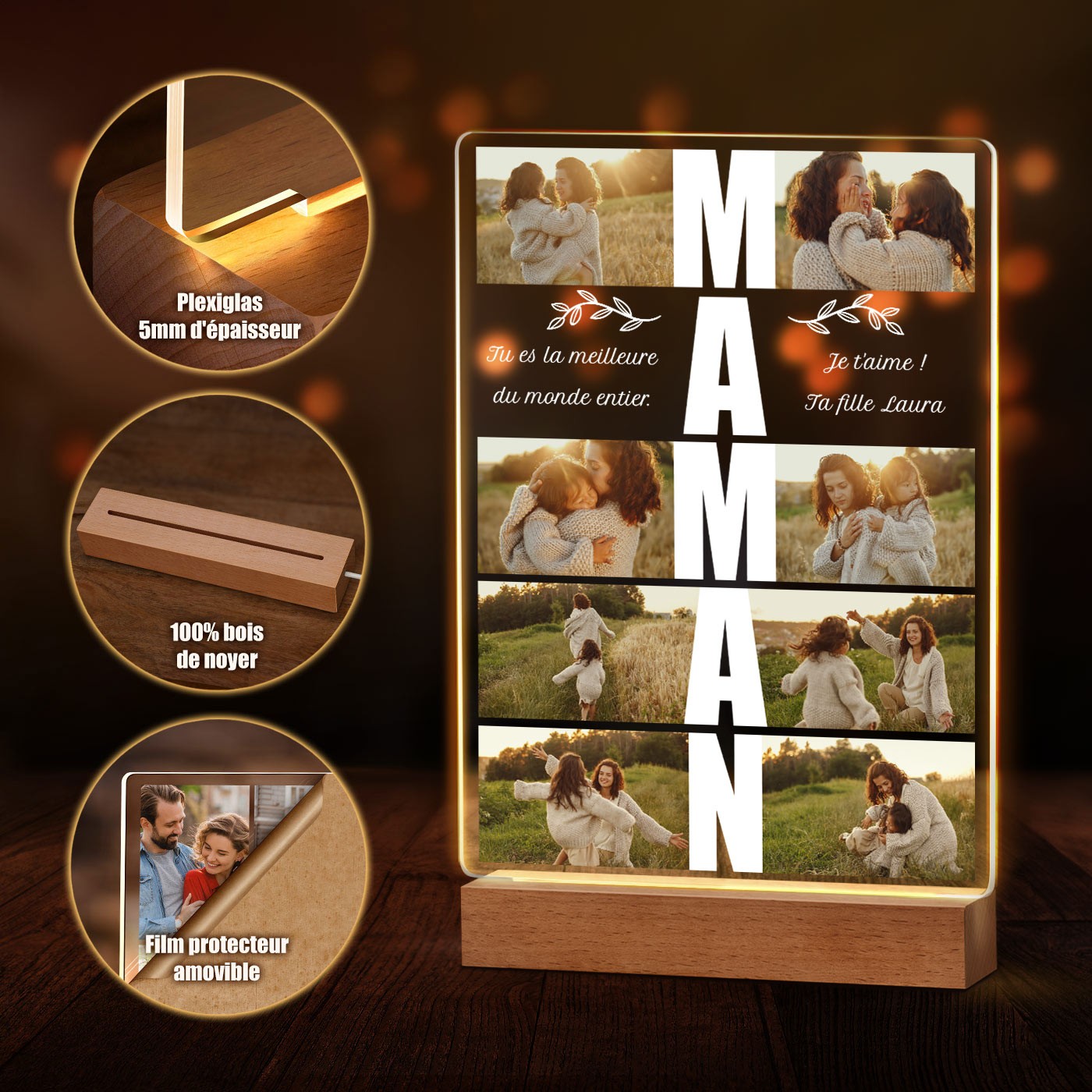 Lámpara LED personalizada Murrano - Tamaño grande con foto para la mejor mamá del mundo