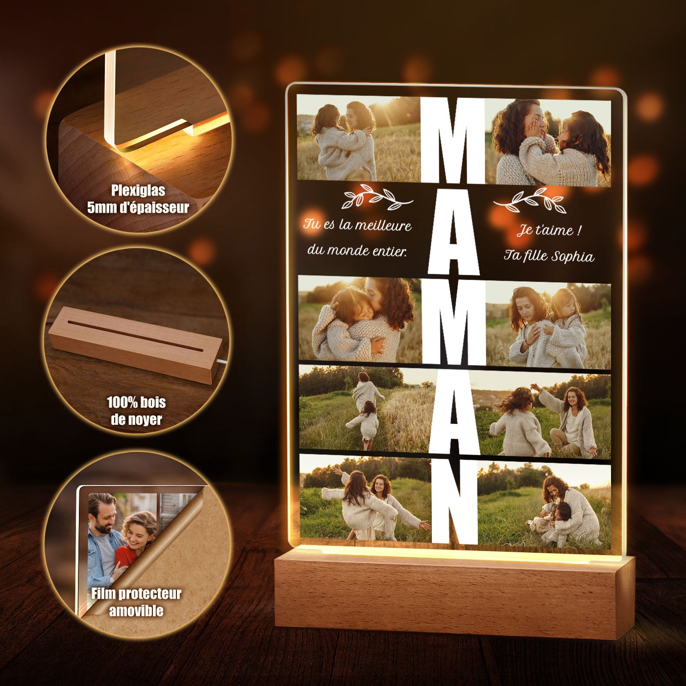 Lámpara LED personalizada Murrano - Tamaño L con foto para la mejor mamá del mundo