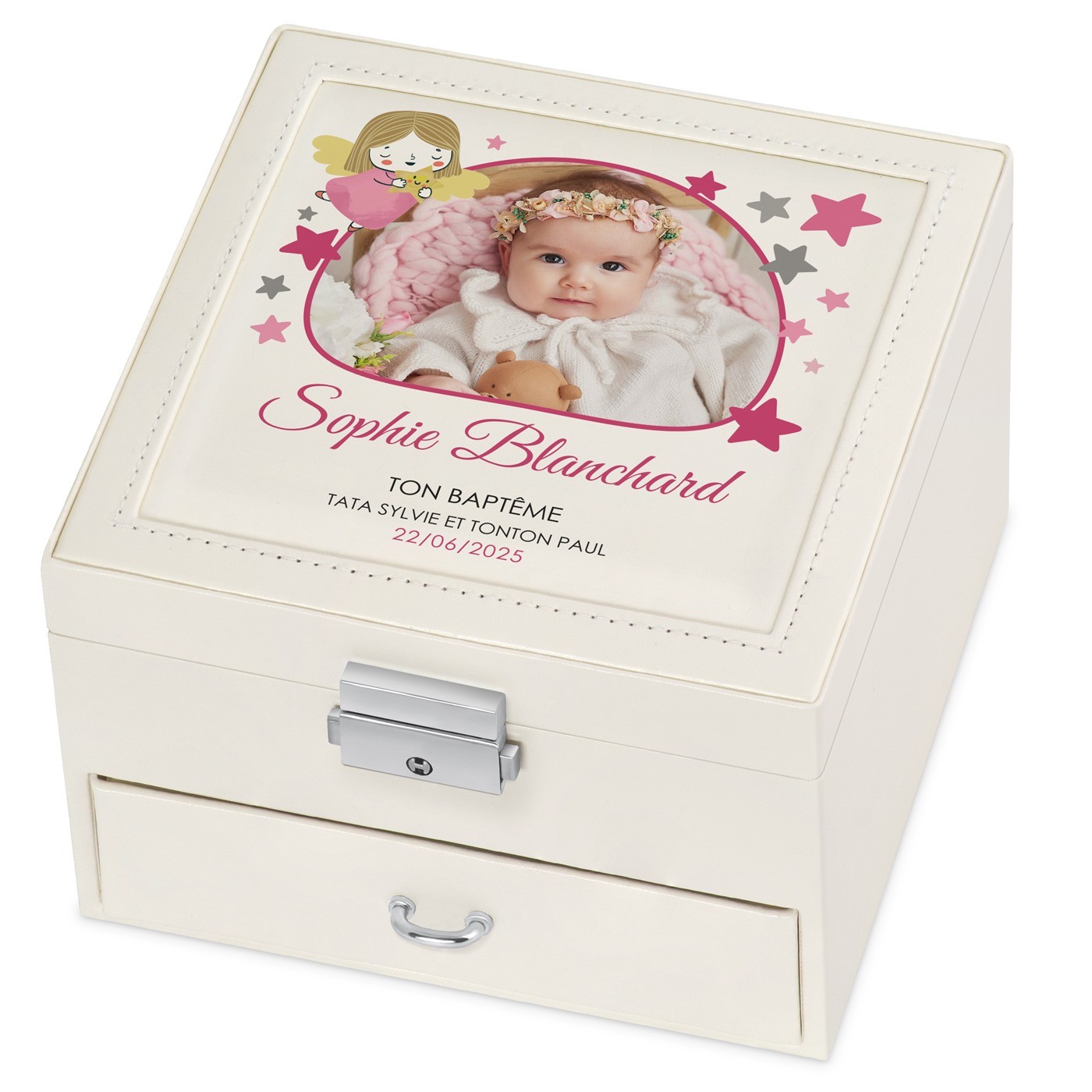 Caja de joyas beige Murrano con foto para el cumpleaños de una sobrina