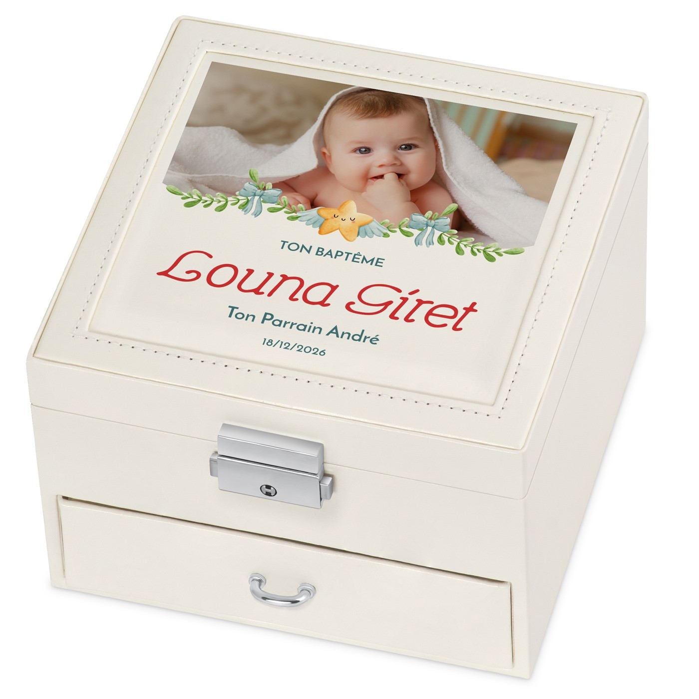 Caja de joyas beige Murrano con foto para el cumpleaños de una ahijada
