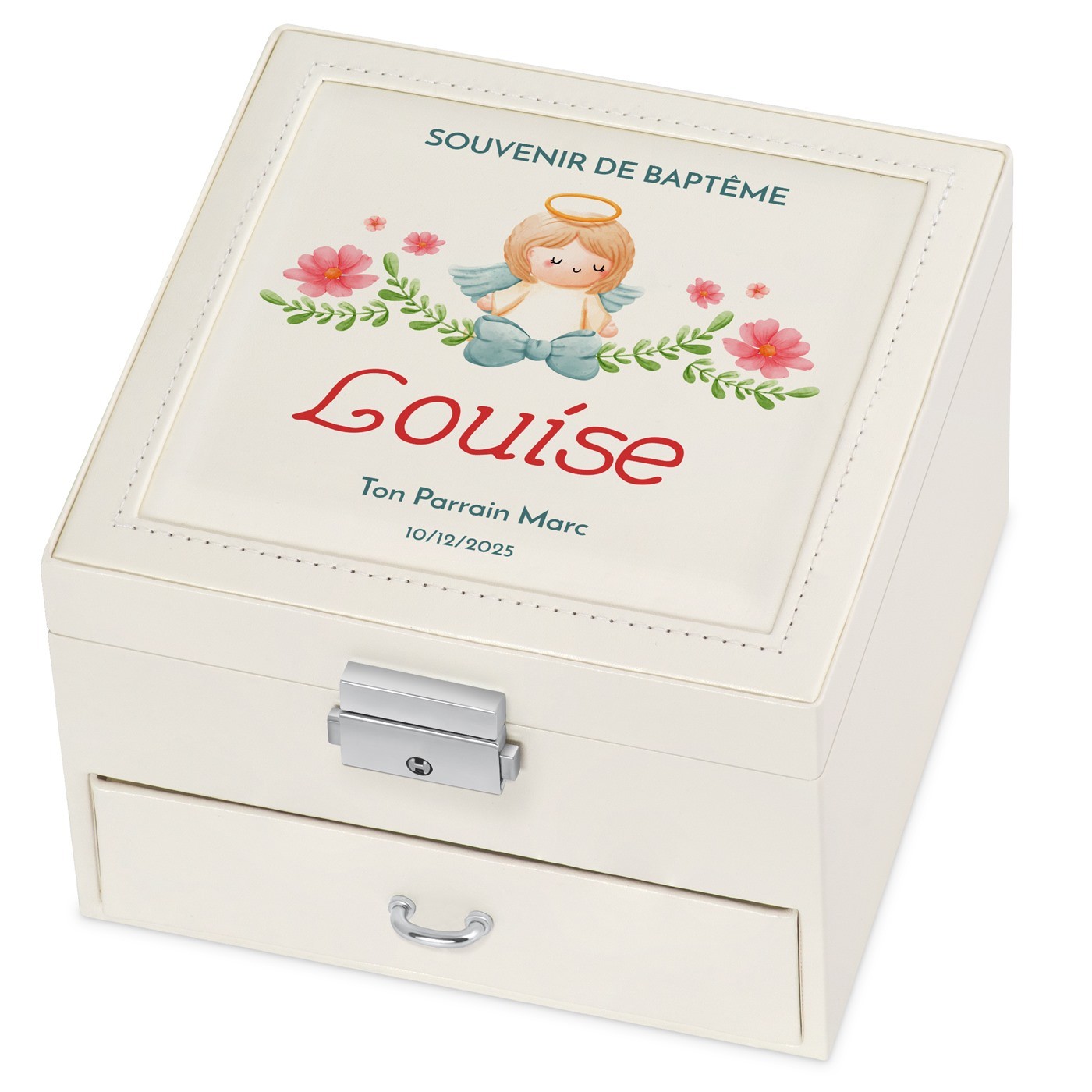 Caja de joyas Murrano personalizada - Beige con impresión de bautismo