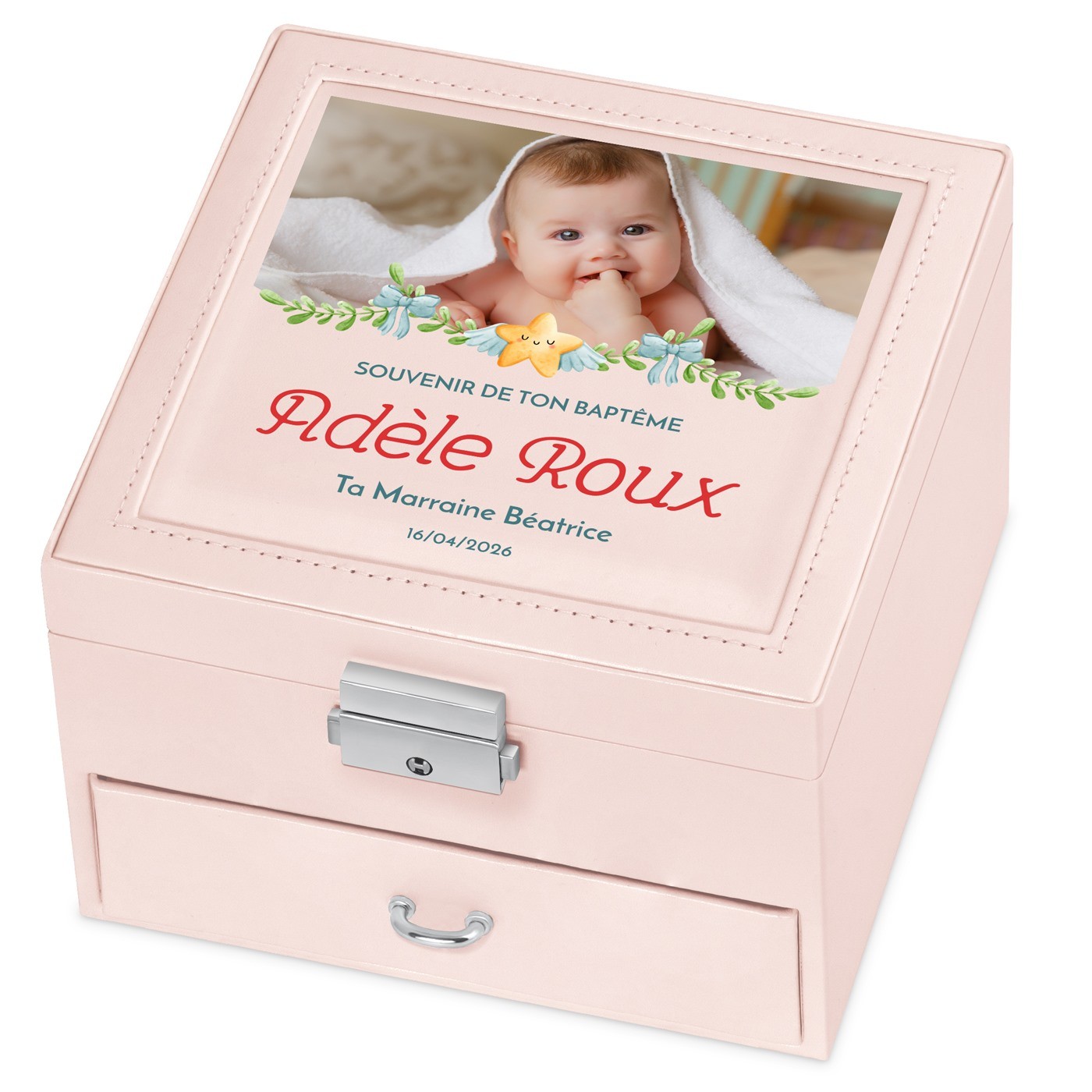 Caja de joyas Murrano personalizada - Rosa con foto para la primera comunión de su ahijada