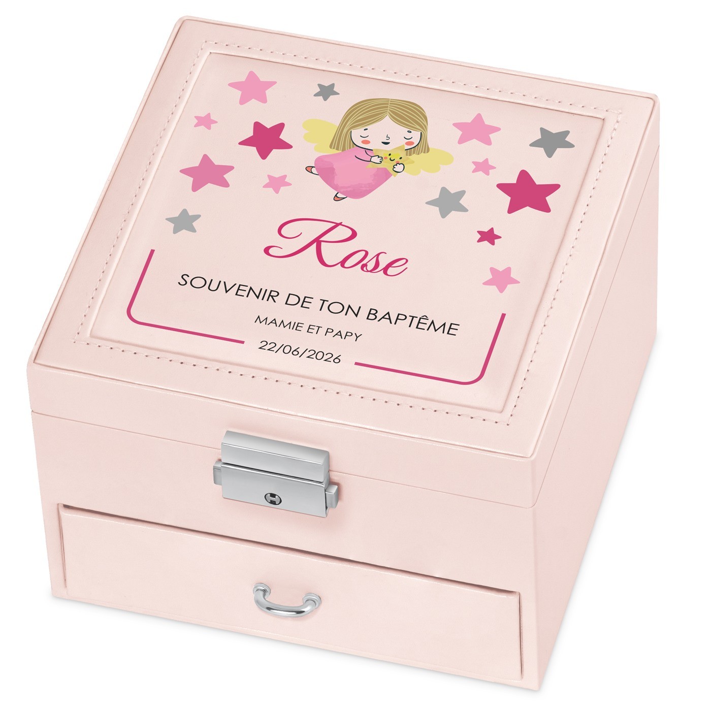 Cajón de joyas rosa Murrano con impresión personalizada para el bautismo de su nieta