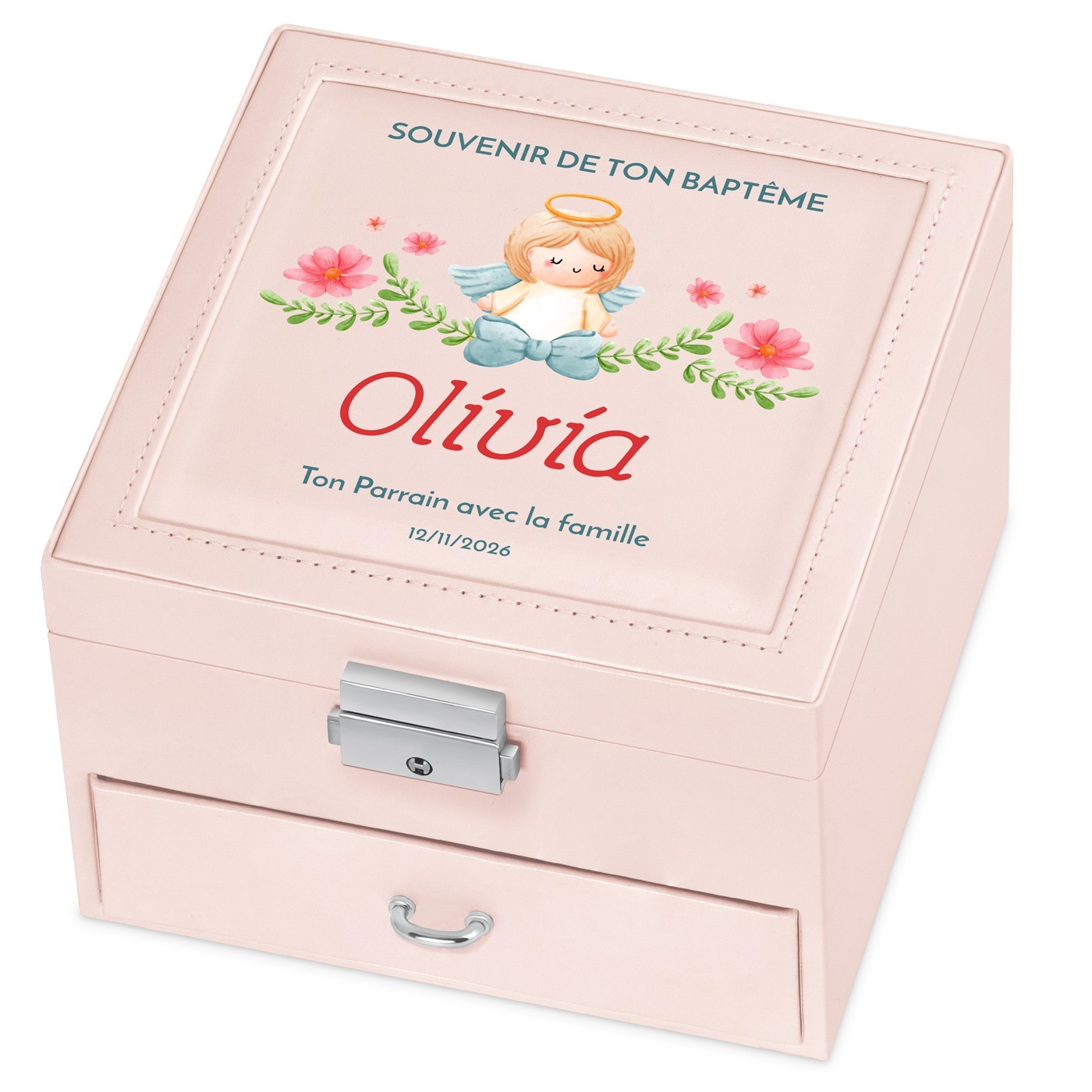 Caja de joyas rosa Murrano con impresión para la comunión de su ahijada
