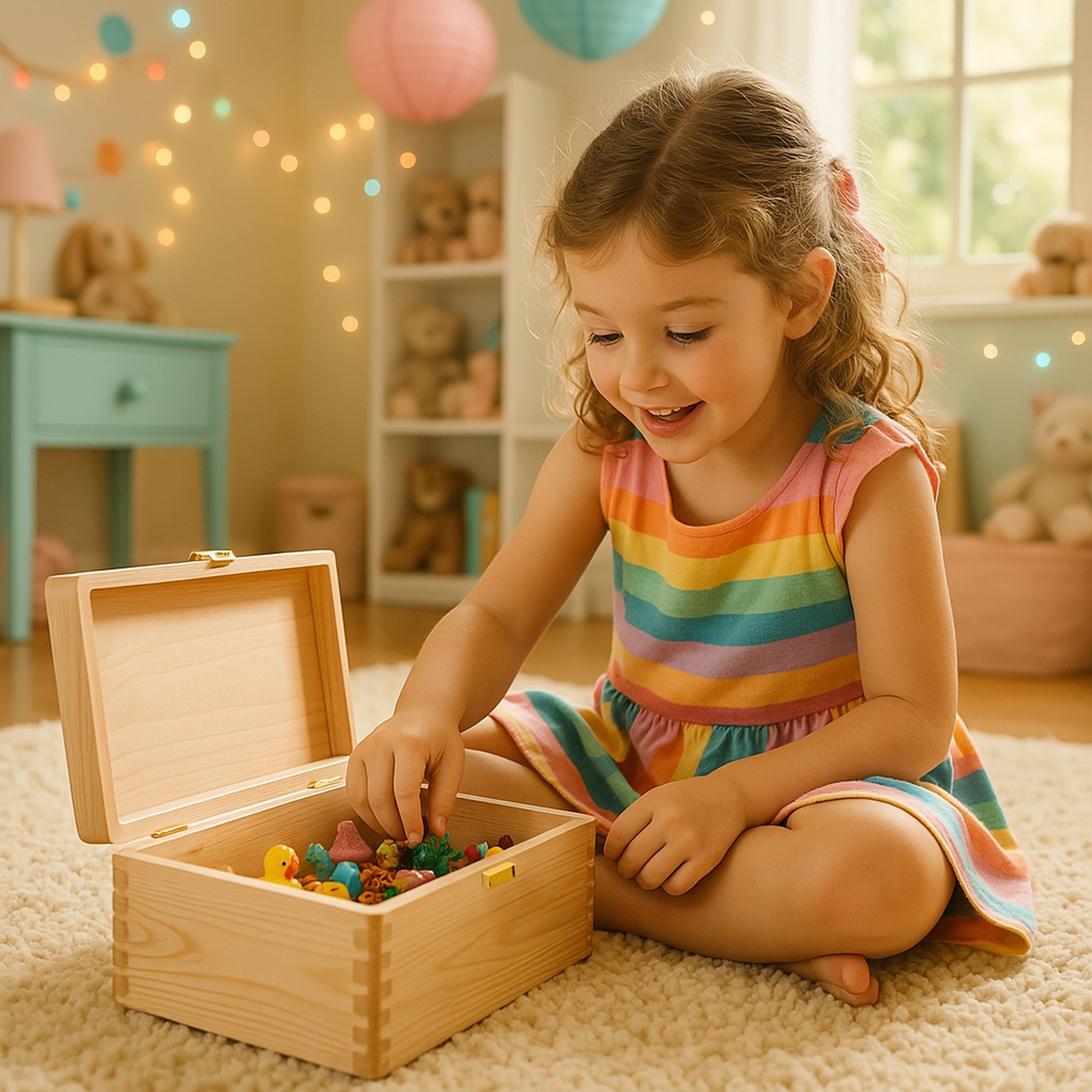 Caja de recuerdos de madera de pino Murrano para el nacimiento de una niña