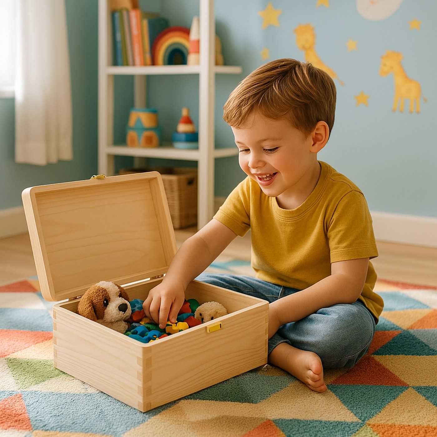 Caja de recuerdos de madera de pino Murrano para el nacimiento de un bebé