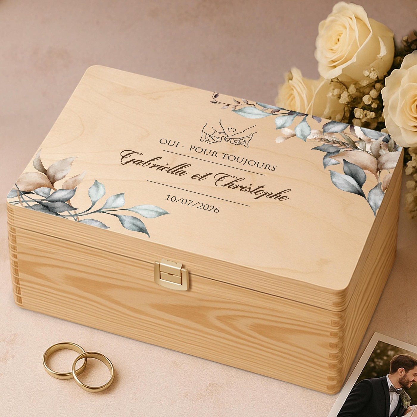 Caja de recuerdos de madera de pino Murrano para novios