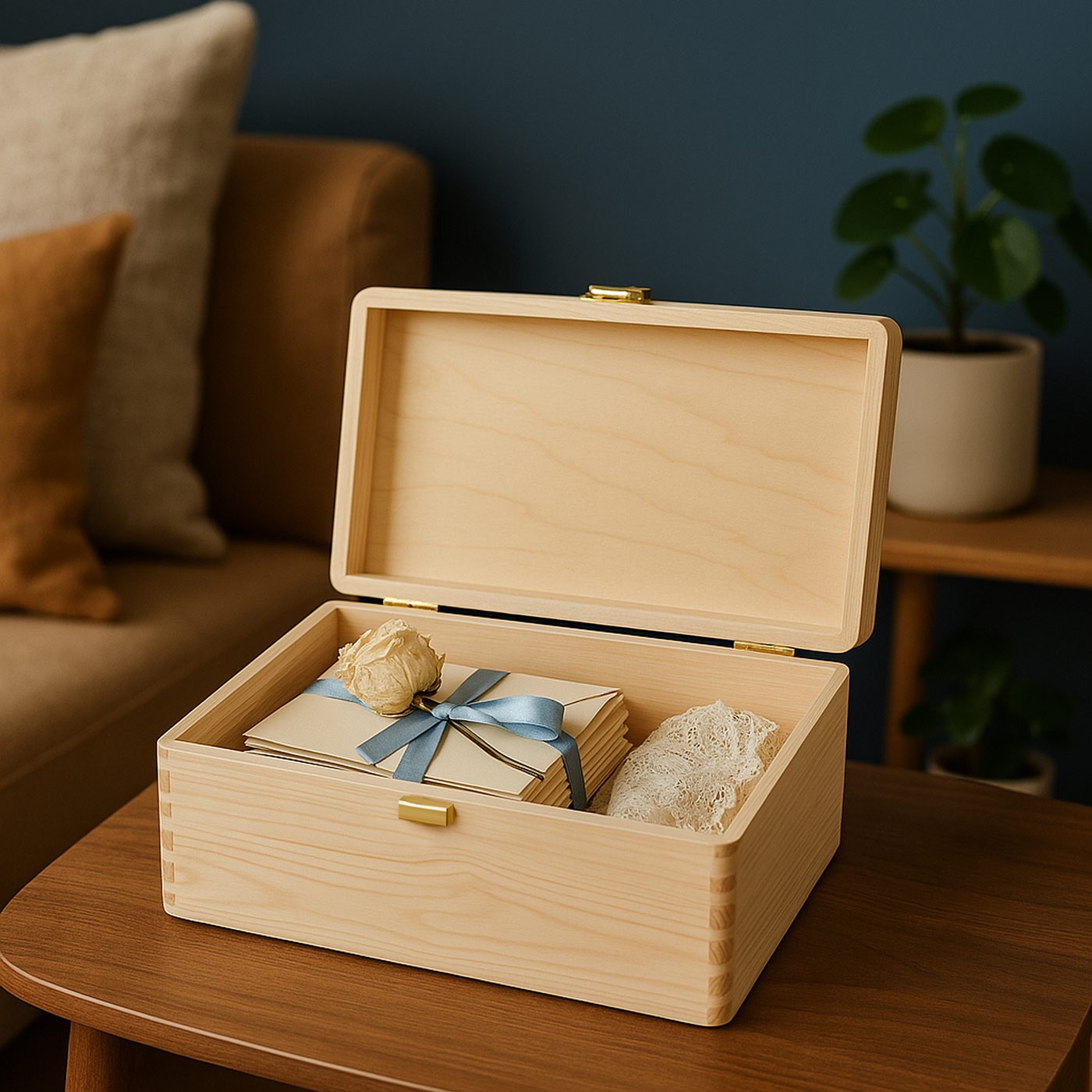 Caja de recuerdos de madera de pino Murrano para novios