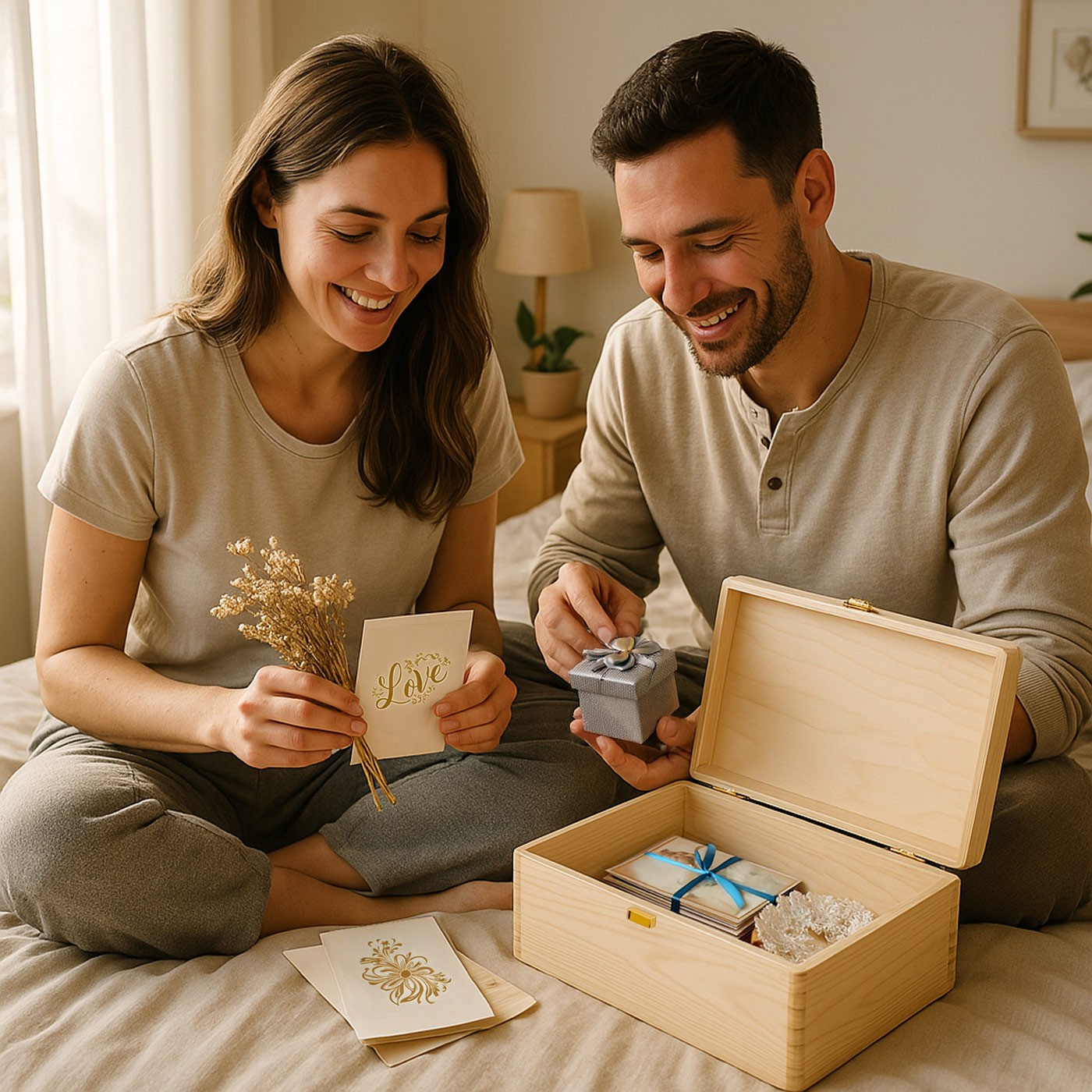 Caja de recuerdos de madera de pino Murrano para novios