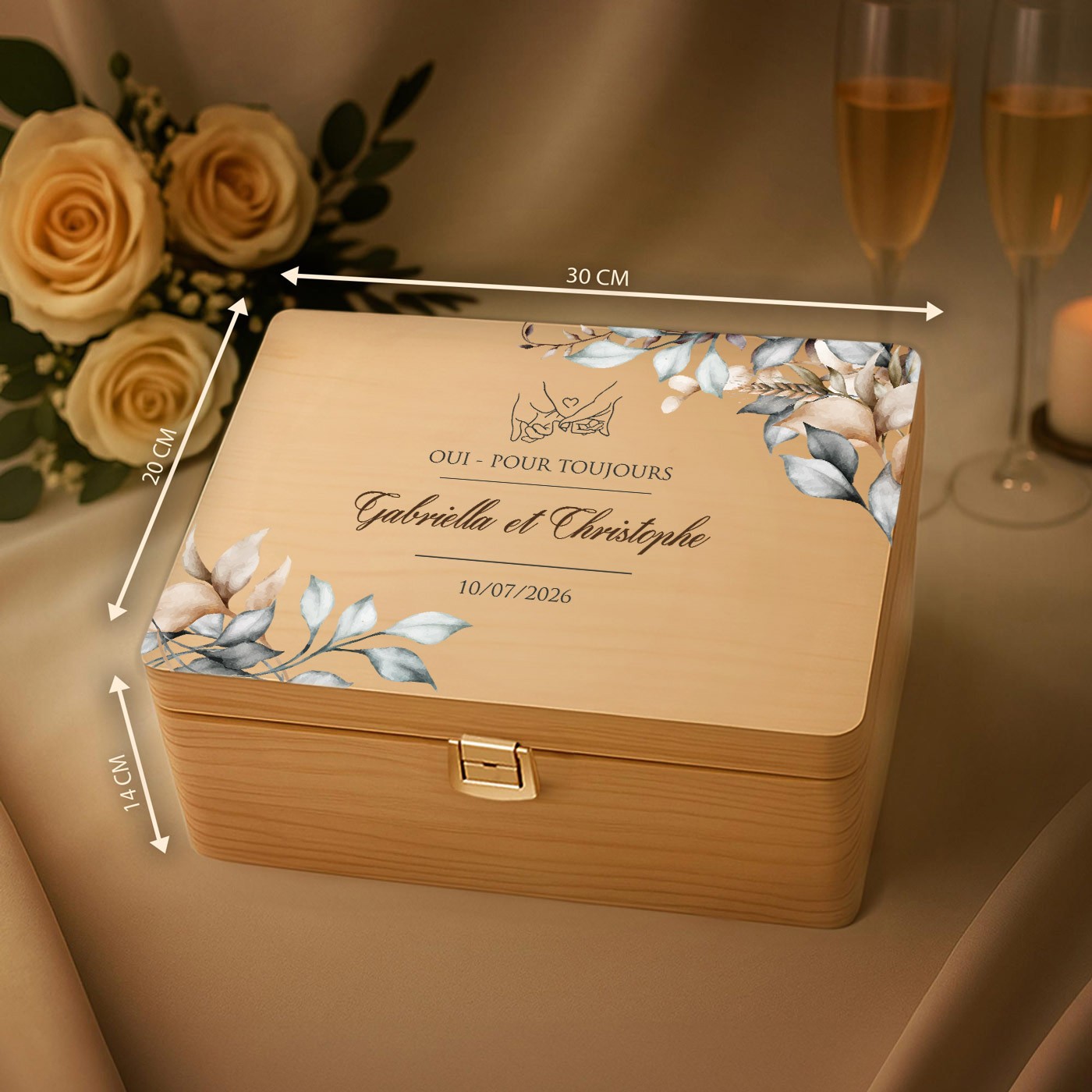 Caja de recuerdos de madera de pino Murrano para novios